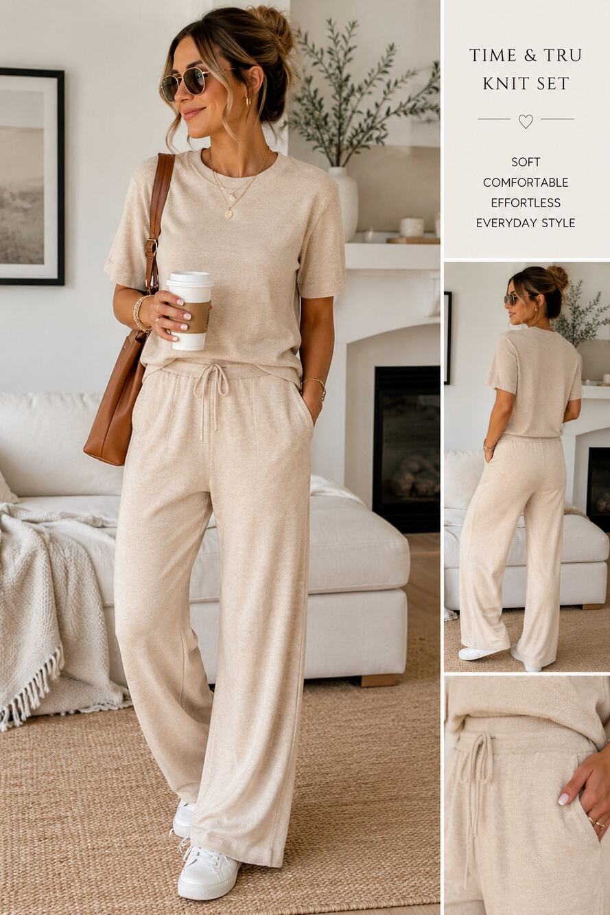 Time and Tru 2-Piece Knit Lounge Neutral Beige Matching Set | Cozy Chic,XS (0-2)